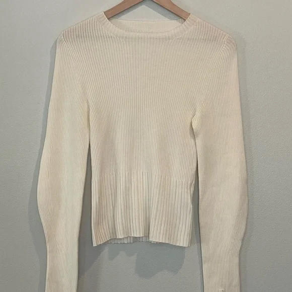 Low Classic Women's Cream Crew Neck Sweater, Ribbed, 100% Fine Merino Wool, S